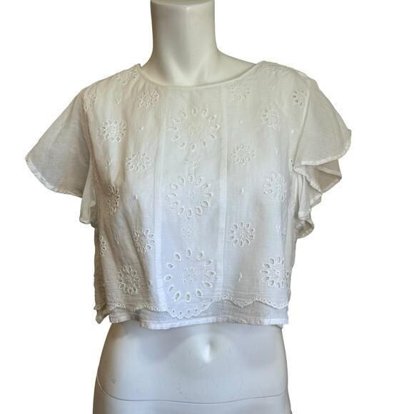 LOA White Cotton Romantic Eyelet Flutter Crop Short Sleeve Back Tie Blouse sz M - Picture 1 of 10